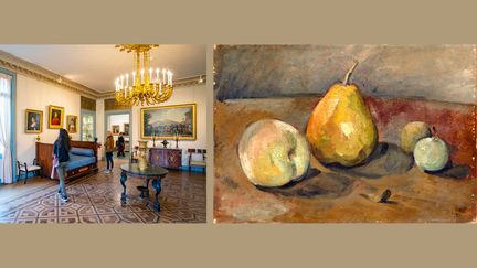 A gauche, une salle du musée Marmottan Monet à Paris - A droite, Paul Cezanne, "Nature morte, poires et pommes vertes", vers 1873, Paris, musée de l’Orangerie, collection Jean Walter et Paul Guillaume  (A gauche © GARDEL BERTRAND / HEMIS.FR / VIA AFP - A droite © RMN-Grand Palais (musée de l’Orangerie) / Hervé Lewandowski)