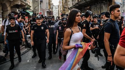 Une militante de la cause LGBT devant la police anti-émeute le 19 juin 2016 à Istanbul (Turquie). (OZAN KOSE / AFP)