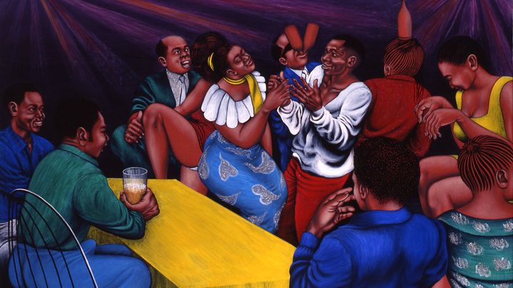 Chéri Samba, "Kinshasa ville d'ambiance", 1994, Acrylique sur toile (Photo : Maurice Aeschimann / Courtesy The Pigozzi African Art Collection © Chéri Samba)