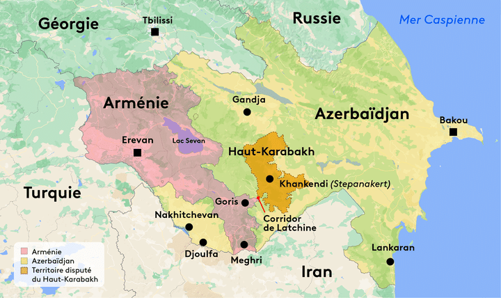 La région du Haut-Karabakh est disputée entre l'Arménie et l'Azerbaïdjan, qui y exerce officiellement sa souveraineté. (HELOISE KROB / FRANCEINFO)