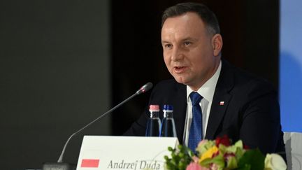 Le président polonais Andrzej Duda lors d'une conférence de presse à Budapest (Hongrie), le 29 novembre 2021. (ATTILA KISBENEDEK / AFP)