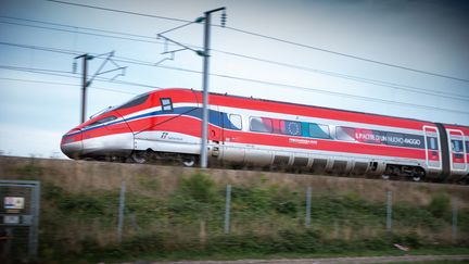 Un train de la compagnie italienne Trenitalia, le 28 août 2023, près de la commune d'Igornay (Saône-et-Loire). (STEPHANE MOUCHMOUCHE / HANS LUCAS / AFP)