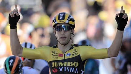 Vainqueur de la 5e étape entre Gap et Privas, Wout Van Aert savoure sur la ligne d'arrivée. (CHRISTOPHE PETIT TESSON / POOL)