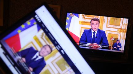 Emmanuel Macron a tenu une allocution, le 5 decembre 2024, après la motion de censure contre le gouvernement Barnier. (QUENTIN DE GROEVE / HANS LUCAS)