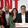 (De gauche à droite) Les insoumis Mathilde Panot et Manuel Bompard, les écologistes Marine Tondelier et Yannick Jadot et le socialiste Olivier Faure au premier plan, lors d'une conférence de presse du Nouveau Front populaire, le 14 juin 2024 à Paris. (JULIEN DE ROSA / AFP)