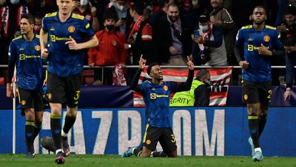 Anthony Elanga a inscrit le but égalisateur pour Manchester United face à l'Atlético de Madrid en huitième de finale aller de Ligue des champions, le 23 février 2022. (JAVIER SORIANO / AFP)