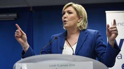 La présidente du Front national, Marine Le Pen, le 15 janvier 2018, lors de ses vœux à la presse, au siège de son parti, à Nanterre (Hauts-de-Seine). (STEPHANE DE SAKUTIN / AFP)