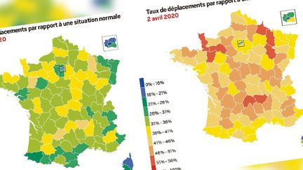 Capture écran des cartes montrant les déplacements des Français le 26 mars 2020 et le 2 avril 2020, à partir de la base de données de Geo4Cast, publiées le 5 avril 2020 dans le "Journal du dimanche". (CAPTURE ECRAN)