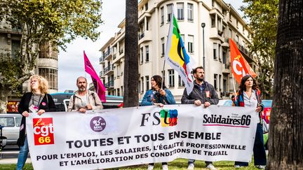 Rassemblement à Perpignan le 29 septembre 2022 dans le cadre d'une journée de mobilisation interprofessionnelle pour les retraites et les salaires.&nbsp; (JC MILHET / HANS LUCAS)