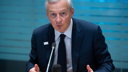 Le ministre des Finances, Bruno Le Maire, lors d'une conférence de presse sur le printemps du Fonds Monétaire International&nbsp;à Washington, le 12 avril 2019. (SAUL LOEB / AFP)