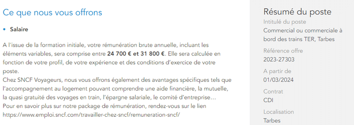 Accessed February 15, 2024, job offer for a sales position on board TER trains in Tarbes (Hautes-Pyrenees).  (SNCF screenshot)