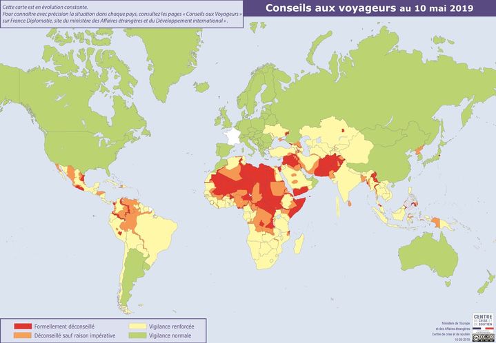 Carte des zones à éviter pour les voyageurs français, établie en mai 2019 par le ministère des Affaires étrangères. (MINISTERE DES AFFAIRES ETRANGERES)