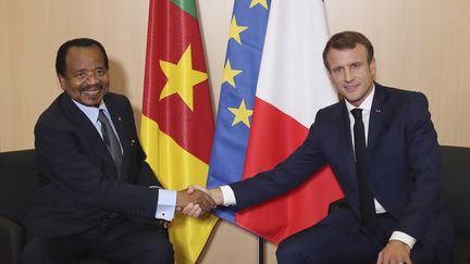 Paul Biya, président du Cameroun, et Emmanuel Macron, le 10 octobre 2019, lors d'une rencontre à Lyon sur la lutte contre le sida, la tuberculose et la malaria. (LAURENT CIPRIANI / POOL)