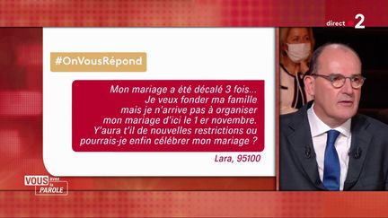 Le Premier ministre Jean Castex répond à la question d'une internaute de franceinfo.fr sur le plateau de "Vous avec la parole", sur France 2, le 24 septembre 2020. (FRANCE 2)