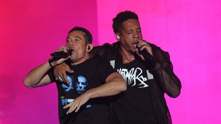 JoeyStarr et Kool Shen lors d'un concert aux Francofolies de La Rochelle (Charente-Maritime), le 12 juillet 2018. (XAVIER LEOTY / AFP)