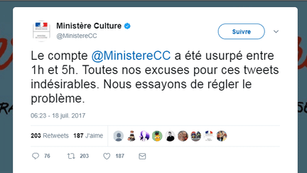 Capture d'écran du compte twitter du ministère de&nbsp;la culture. (capture d'écran)