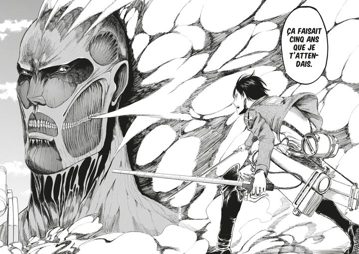 Planche du manga "L'Attaque des Titans", d'Hajime Isayama (SHINGEKI NO KYOJIN © Hajime ISAYAMA / Kodansha Ltd.)