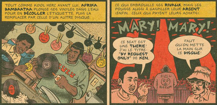 Afrika Bambaataa ruse pour dissimuler ses beats dans "Hip-Hop Family Tree" (Tome 1).
 (Ed Piskor)