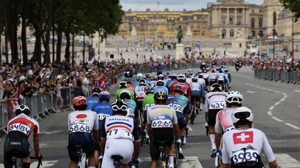 Le peloton de la course en ligne de cyclisme sur route arrive devant le château de Versailles, le 3 août 2024. (TIM DE WAELE / AFP)