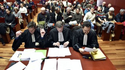 Les avocats des familles menacées d'expulsion&nbsp;sur&nbsp;le site du futur aéroport de Notre-Dame-des-Landes, au tribunal de Nantes, le 13 janvier 2016.&nbsp; (LOIC VENANCE / AFP)