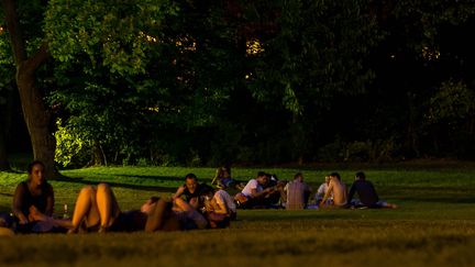 Des personnes se rafraîchissent&nbsp;la nuit dans le parc Montsouris, à Paris, le 3 juillet 2015.&nbsp; (BRUNO LEVESQUE / MAXPPP)