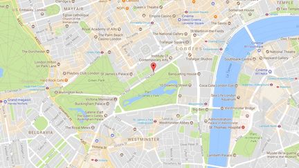 Un homme armé d'un couteau a blessé deux policiers lors de son arrestation sur The Mall, une avenue qui mène à Buckingham Palace à Londres, le 25 août 2017. (GOOGLE MAPS)