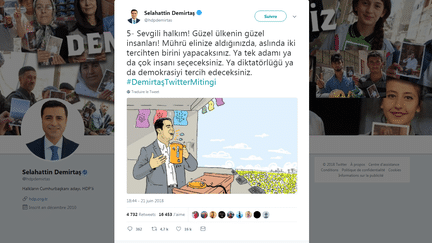 Accusé d'activités "terroristes", le candidat du parti prokurde HDP Selahattin Demirtas est en détention provisoire depuis 2016. (SELAHATTIN DEMIRTAS / TWITTER)