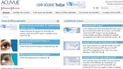 Capture d'écran du site d'Acuvue, la filiale du groupe américain Johnson & Johnson. (DR)