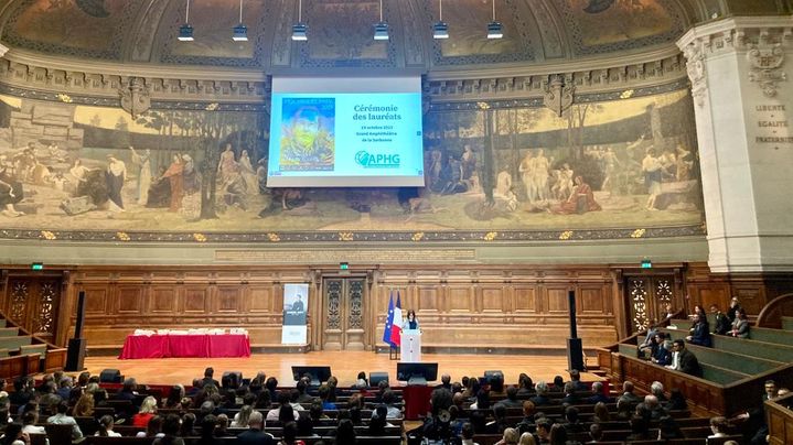 Cérémonie de remise du prix Samuel-Paty à la Sorbonne à Paris, le 14 octobre 2023. (CAMILLE LAURENT / RADIOFRANCE)