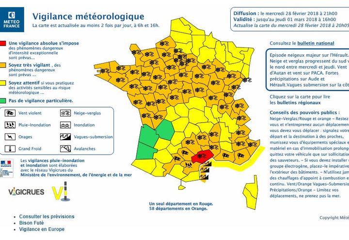 58 départements ont été placés en vigilance orange neige/verglas, pluie, inondations et vent, le 28 février 2018. L'Hérault est passé en&nbsp;vigilance rouge neige et verglas dans la soirée.&nbsp; (METEO FRANCE)