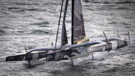 Le multicoque Edmond de Rothschild, barré par Franck Cammas et Charles Caudrelier, mène toujours la flotte dans la Transat Jacques Vabre, le 16 novembre 2021.&nbsp; (LOIC VENANCE / AFP)