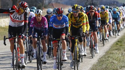 Tadej Pogacar et le peloton lors de la 6e étape de Tirreno-Adriatico, le 12 mars 2022. (LUCA BETTINI / AFP)