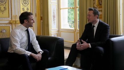 Emmanuel Macron et Elon Musk, à l'Elysée à Paris, le 15 mai 2023. (MICHEL EULER / POOL / AFP)