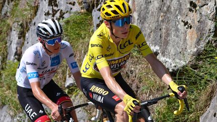 Jonas Vingegaard devance Tadej Pogacar, le 21 juillet 2022, lors de la 18e étape du Tour de France entre Lourdes et Hautacam. (THOMAS SAMSON / AFP)