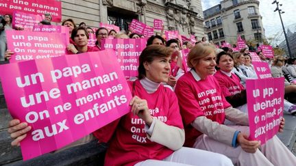 Des manifestants d'Alliance Vita manifestent contre l'ouverture du mariage aux homosexuels, le 23 octobre 2012, &agrave; Lille (Nord).&nbsp; (DENIS CHARLET / AFP)