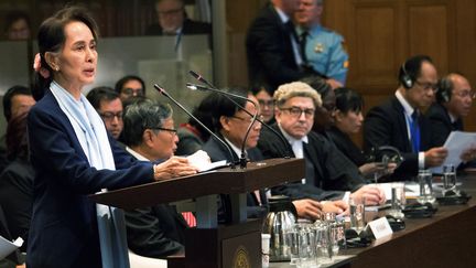 Aung San Suu Kyi devant la Cour internationale de justice en décembre 2019. (DAVID MORALES URBANEJA / EFE)