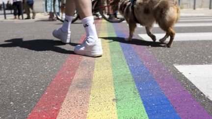 La ville de Besançon (Doubs) a inauguré quatre passages piétons aux couleurs de l'arc-en-ciel, le 21 juin 2021 symboles de lutte contre les discriminations dont sont victimes les personnes LGBTQIA+ (ANTOINE MERMET / HANS LUCAS / AFP)