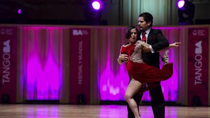 La danseuse Vanina Perepellzin et le danseur Javier Villa&nbsp;lors du Mondial du tango à Buenos Aires le 15 août 2019. (RONALDO SCHEMIDT / AFP)