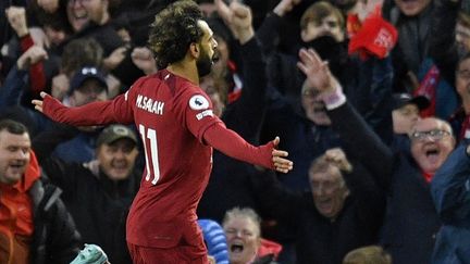 Le joueur de Liverpool Mohamed Salah après son but contre Manchester City, lors de la onzième journée de Premier League, à Anfield, le 16 octobre 2022.&nbsp; (OLI SCARFF / AFP)