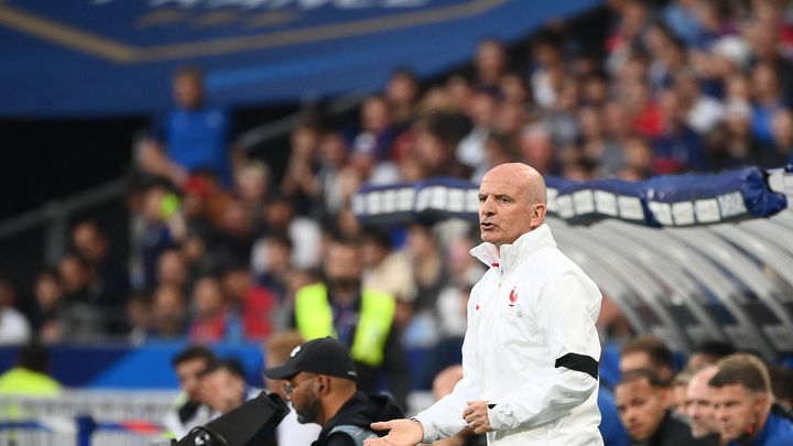 Guy Stéphan a assuré l'intérim comme sélectionneur numéro 1 en l'absence de Didier Deschamps lors du match contre le Danemark au stade de France, le 3 juin 2022. (FRANCK FIFE / AFP)