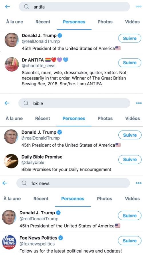 Le président américain Donald Trump est en tête des résultats de recherche sur Twitter avec les mots-clefs "antifa", "bible" et "fox news", le 5 juin 2020.&nbsp; (TWITTER)