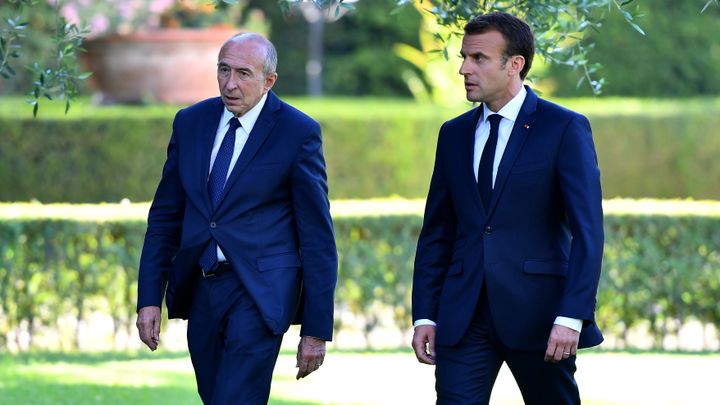 Gérard Collomb et Emmanuel Macron, le 26 juin 2018, à Rome. (ALBERTO PIZZOLI / AFP)