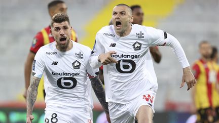 La joie explosive de&nbsp;Burak Yilmaz après l'un de ses deux buts inscrits contre Lens, lors de la 36e journée de Ligue 1 le 7 mai 2021. (MAXPPP)