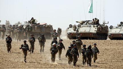 Des soldats isra&eacute;liens traversent un champ situ&eacute; pr&egrave;s de la bande de Gaza, le 12 juillet 2014. (BAZ RATNER / REUTERS)