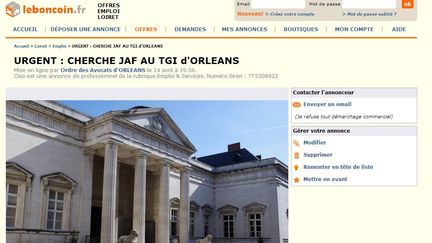 L'annonce fantaisiste pass&eacute;e lundi 14 avril sur leboncoin.fr par l'ordre des avocats d'Orl&eacute;ans, pour trouver un juge des affaires familiales. (LEBONCOIN.FR)