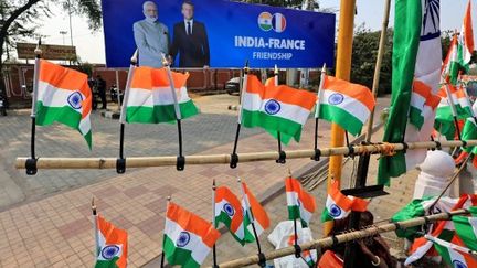 A panel presenting Emmanuel Macron's official visit to India, in Jaipur, January 24, 2024. (VISHAL BHATNAGAR / NURPHOTO)