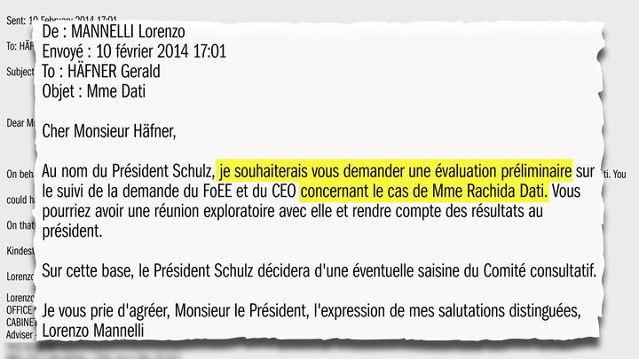 Courriel de la présidence du Parlement européen à l’eurodéputé Gerald Häfner demandant une évaluation préliminaire des intérêts de Rachida Dati, le 10 février 2014. (CELLULE INVESTIGATION DE RADIO FRANCE)