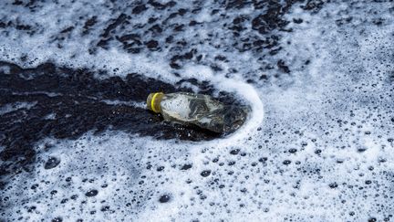 Une bouteille en plastique sur la plage de Guacalillo, à Puntarenas, au Costa Rica, le 19 mai 2023, lors d'un nettoyage bénévole dans le cadre des activités de la Journée mondiale du recyclage. (EZEQUIEL BECERRA / AFP)