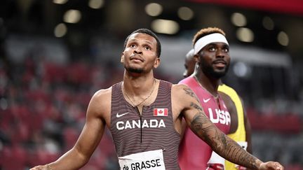 Le Canadien&nbsp;Andre de Grasse a réalisé le meilleur temps sur le 200m lors des demi-finales, mardi 3 août, à Tokyo. (JEWEL SAMAD / AFP)