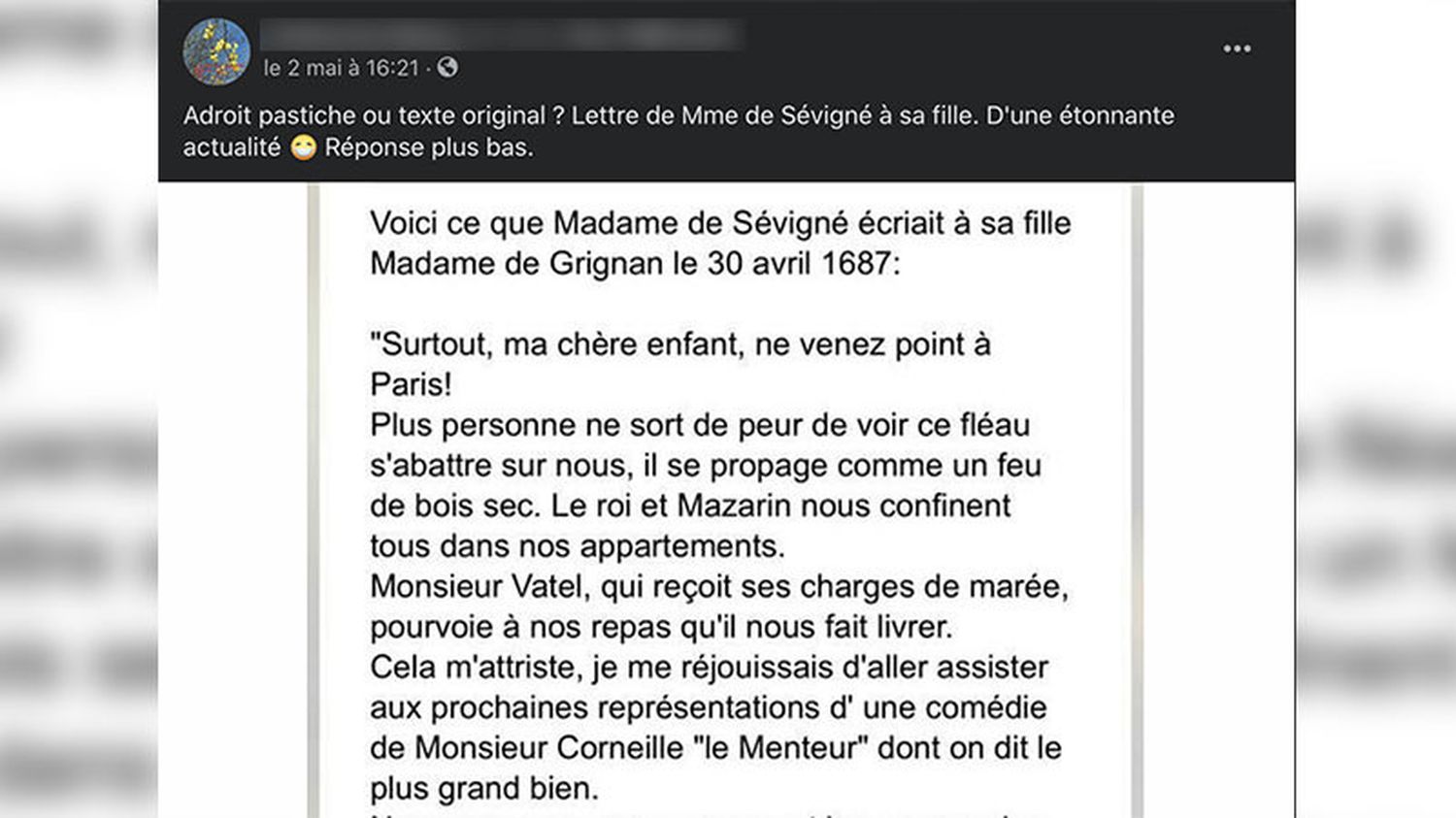 La Lettre Presentee Comme Ecrite Par Madame De Sevigne Qui Evoque Un Confinement Est Un Pastiche